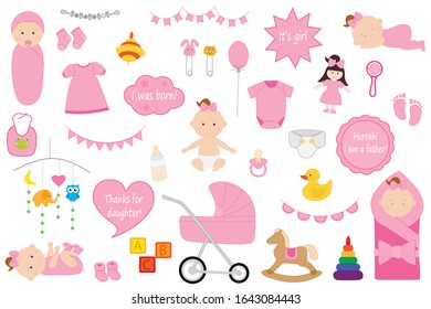 
Cute newborn kids girl vector drawing. Set for a discharge from the hospital. Baby sleeps playing sucks pacifier. Cubes yula rattle stroller