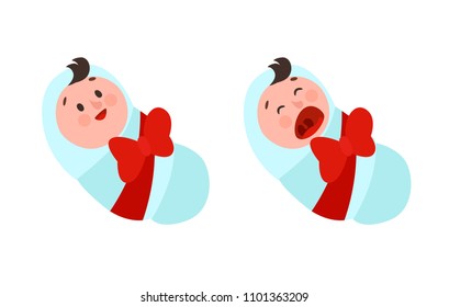 Cute Newborn. Little Baby Smiling and Crying. Cartoon Style Vector Illustration