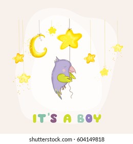 Cute Newborn Parrot Sleeping on a Star. Baby Shower or Arrival Card in vector