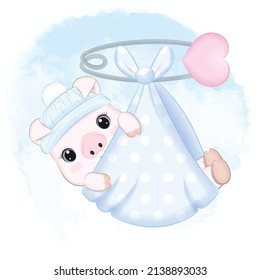 Cute Newborn Pig Sleep In A Blue Blanket Illustration