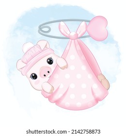 Cute Newborn Pig sleep in a pink blanket illustration