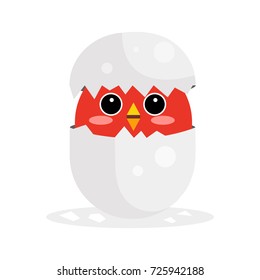 Cute newborn red bird character, funny nestling in egg cartoon vector Illustration