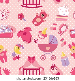 A Cute Newborn Seamless Pattern For Baby Girl.Baby Shower Cartoon Design Elements,Polka Dot.For Fabric,background,wallpaper,backdrop.New Born Baby Infographic.Vector