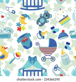 A cute Newborn seamless pattern for Baby boy.Baby shower cartoon design elements,stars.For fabric,background,wallpaper,backdrop.New born baby infographic.Vector