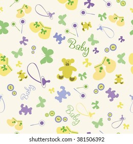 Cute Newborn seamless pattern. Baby pattern with bootees and bear. Baby background with baby's dummy, bootees, bear, Colorful baby seamless pattern for wallpaper, scrapbook, fabric, background.