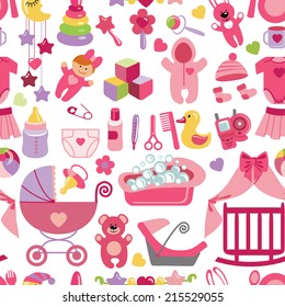 A cute Newborn seamless pattern.Flat icons set for Baby girl.Baby shower cartoon design elements.For fabric,background,wallpaper,backdrop.New born baby infographic.Vector