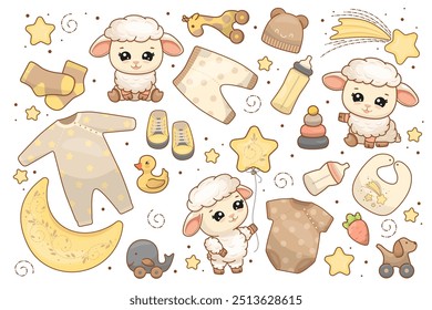 Cute newborn set. Baby shower occasion collection for poster, invitation, discharge album. Hand drawn cute vector set. Vector illustration of cartoon toys, clothes and adorable sheep on white