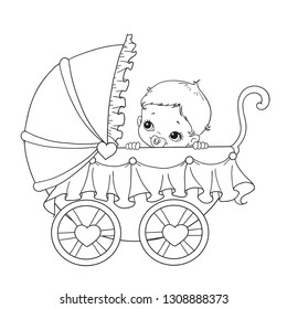 Cute newborn in a stroller. Baby in a stroller vector. Illustration on white background. Baby carriage for coloring book.