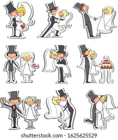 
Cute newly married couple vector cartoon character, celebrating marriage, dancing, kissing, hugging and cutting cake, ideal for wedding invitations and sublimation of cups, t-shirts or caps