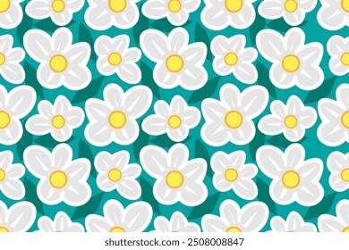 Cute and nice cartoon chamomile flower. Seamless vector pattern for design and decoration. 