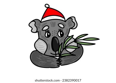 Cute and nice cartoon Christmas koala bear with eucalyptus branch. New Year festive animal. Vector illustration. Australia fauna.