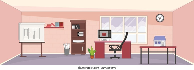 Cute and nice design of Architects Room Inside with furniture and interior objects vector design