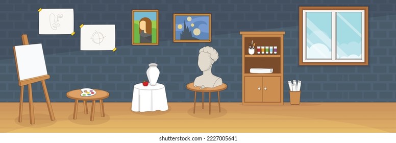 Cute and nice design of Art studio with furniture and interior objects vector design