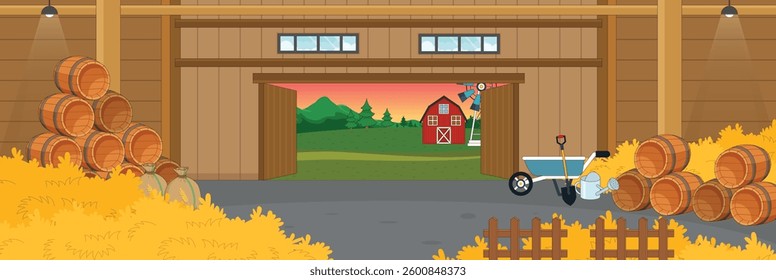 Cute and nice design of Barn inside with furniture and interior objects vector design