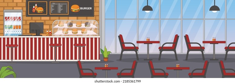 Cute and nice design of Burgers shop with furniture and interior objects vector design