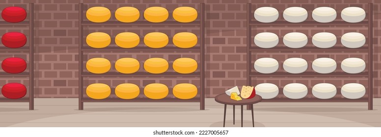 Diseño lindo y agradable de la bodega de queso con mobiliario y objetos interiores diseño vectorial