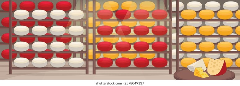 Cute and nice design of Cheese Warehouse with furniture and interior objects vector design