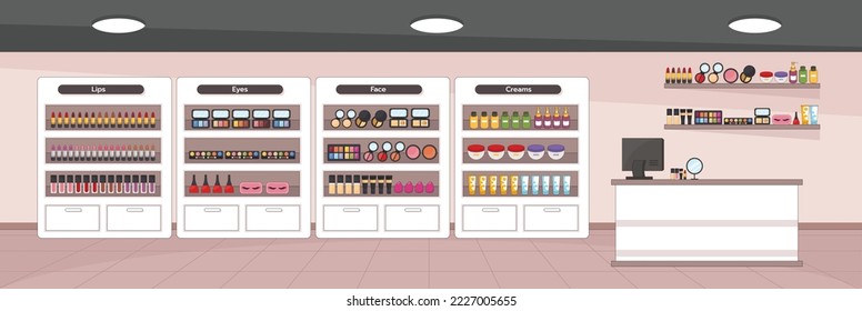 Cute and nice design of Cosmetics Store with furniture and interior objects vector design