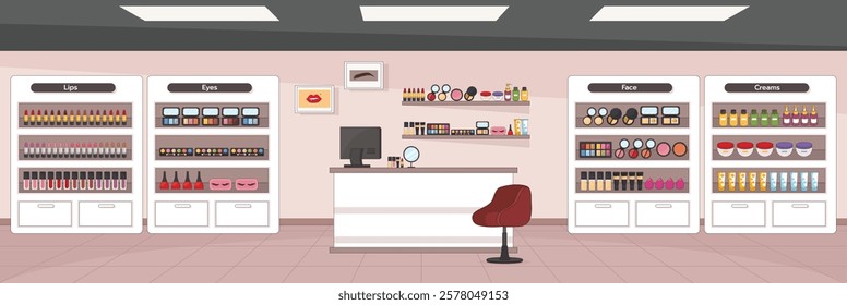 Cute and nice design of Cosmetics Store with furniture and interior objects vector design