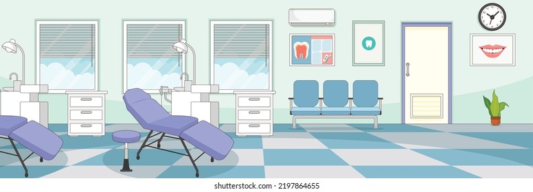 Cute and nice design of Dental Clinic with furniture and interior objects vector design