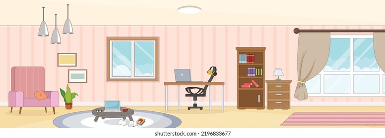 Diseño lindo y bonito de la Sala de Educación a Distancia Interior con mobiliario y objetos interiores diseño vectorial