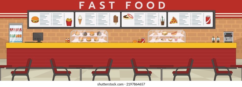 Cute and nice design of fast food restaurant and interior objects vector design