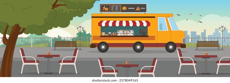 Cute and nice design of food truck and interior objects vector design