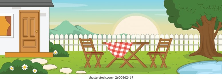 Cute and nice design of House Backyardo with furniture and interior objects vector design