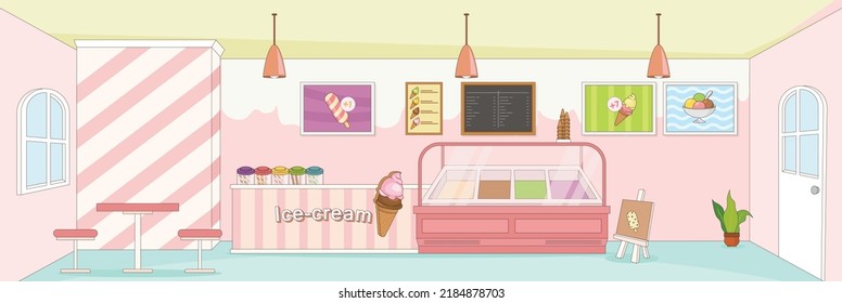 Cute And Nice Design Of Ice Cream Shop With Furniture And Interior Objects Vector Design