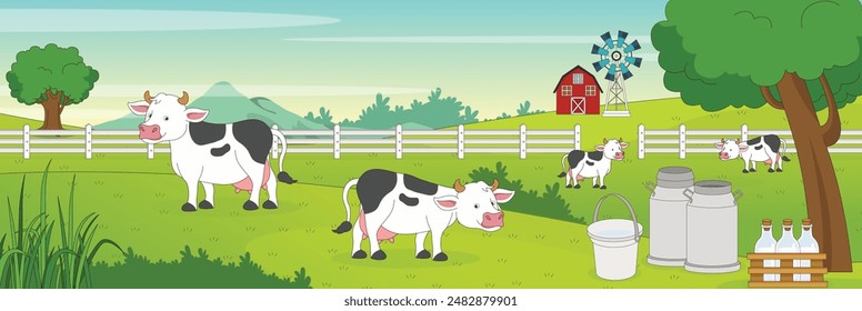 Cute and nice design of Milking cows and interior objects vector design