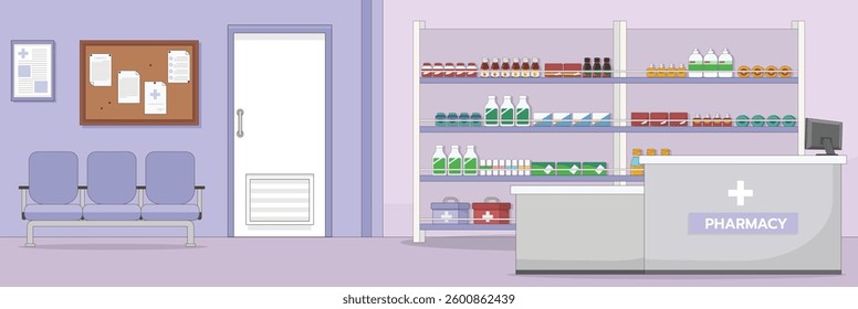 Cute and nice design of pharmacy with furniture and interior objects vector design