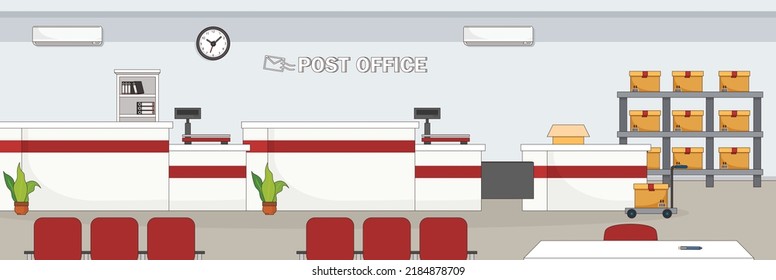 Diseño lindo y agradable de la Oficina de Correos con mobiliario y objetos interiores diseño vectorial