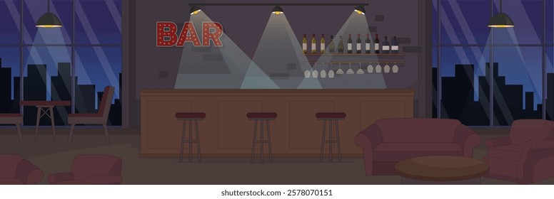 Cute and nice design of Pub Bar with furniture and interior objects vector design