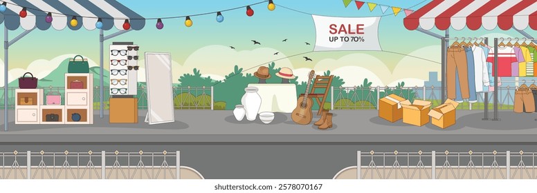 Cute and nice design of Second hand shop with furniture and interior objects vector design