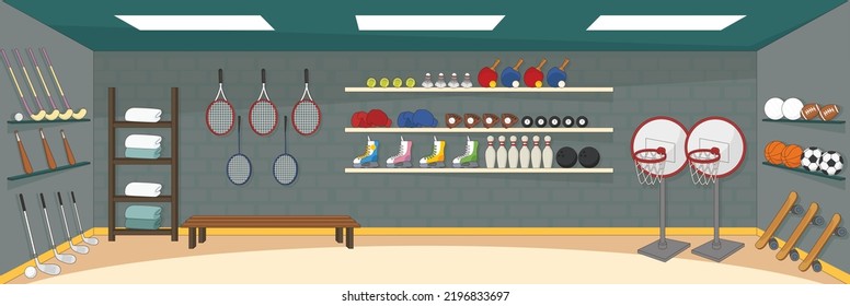 Cute And Nice Design Of Sporting Goods Shop With Furniture And Interior Objects Vector Design