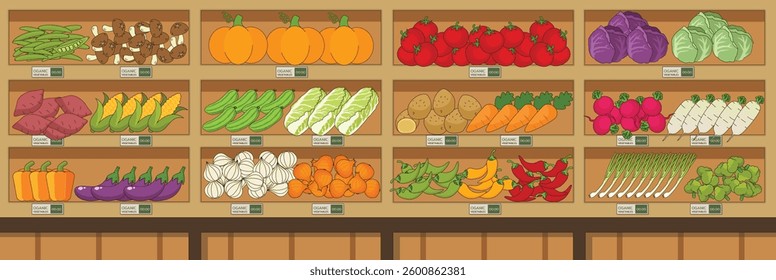 Cute and nice design of vegetables shop with furniture and interior objects vector design
