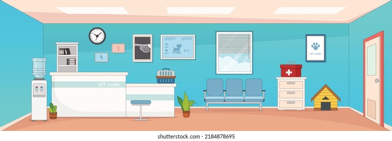 Cute and nice design of veterinary clinic with furniture and interior objects vector design