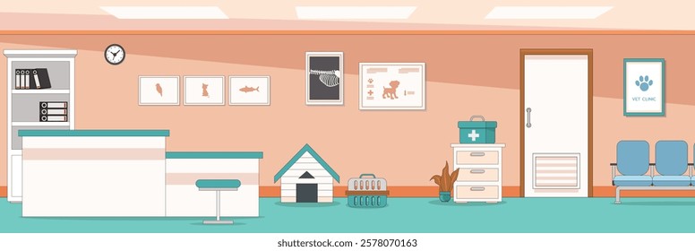 Cute and nice design of veterinary clinic with furniture and interior objects vector design