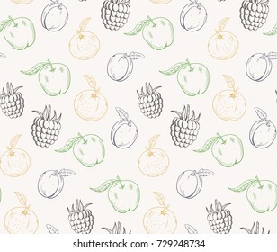 Cute and nice fruits and berry pattern with raspberry, apple and plum