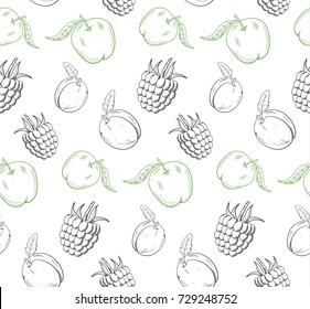 Cute and nice fruits and berry pattern with raspberry, apple and plum