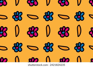 Cute, nice, funny bright and colorful cartoon flowers. Beautiful summer, spring field or garden. Girly. Seamless vector doodle pattern for design and decoration.