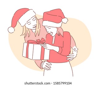 Cute nice girl in red santa hat hold christmas present box on holiday. Happy new year. Girls open Xmas gifts. Hand drawn style vector design illustrations.