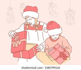 Cute nice girl in red santa hat hold christmas present box on holiday. Happy new year. Girls open Xmas gifts. Hand drawn style vector design illustrations.