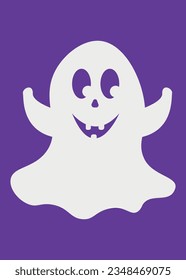 Ghost gris, bonito y agradable. Ilustración del vector de Halloween con fondo morado. minimalismo gracioso