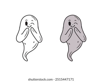 Cute nice grey smiling winking ghost spook in black isolated on white background. Hand drawn vector sketch illustration in doodle engraved vintage line art style. Happy Halloween symbol, horror.