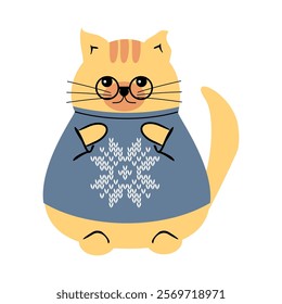 Cute nice lovely cat cartoon character on white background wearing a sweater with a  snowflake vector illustration