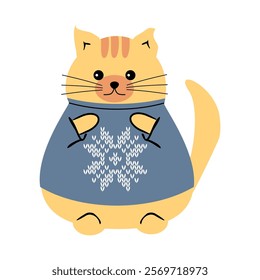 Cute nice lovely cat cartoon character on white background wearing a sweater with a  snowflake vector illustration