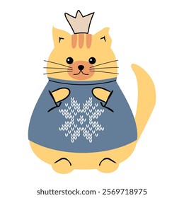 Cute nice lovely cat cartoon character on white background wearing a sweater with a  snowflake vector illustration