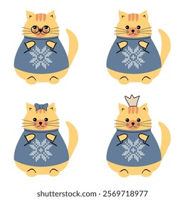 Cute nice lovely cat cartoon character on white background wearing a sweater with a  snowflake vector illustration