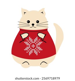 Cute nice lovely cat cartoon character on white background wearing a sweater with a  snowflake vector illustration